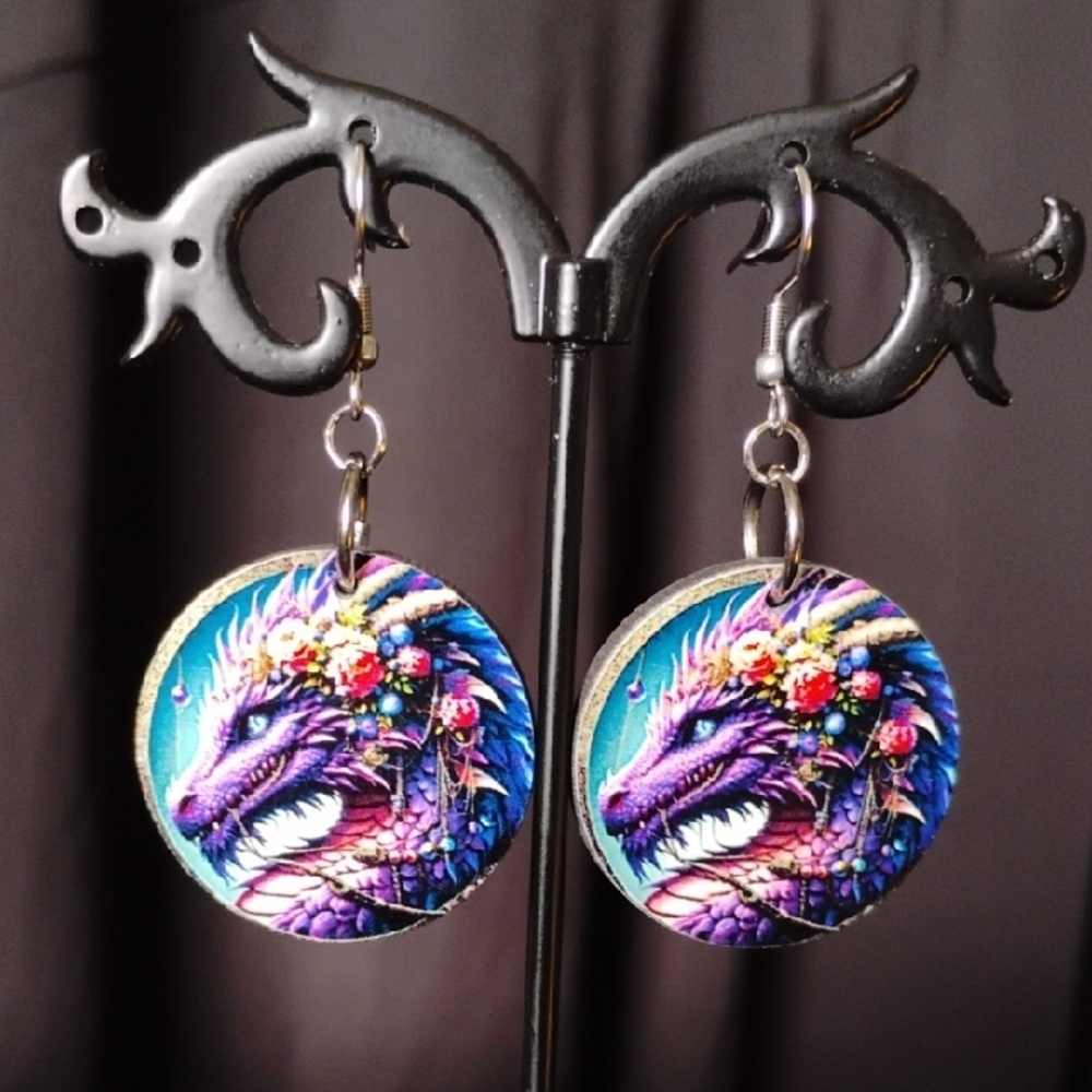 Purple Dragon Earrings with Floral Design